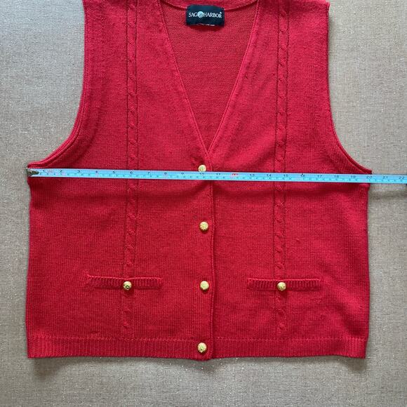 Sag Harbor Vintage Knit 90s Red Grandpacore Sweater Vest grandma gold button M - Picture 6 of 7